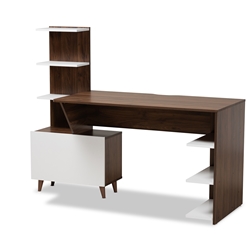 Baxton Studio Tobias Mid-Century Modern Two-Tone White and Walnut Brown Finished Wood Storage Computer Desk with Shelves